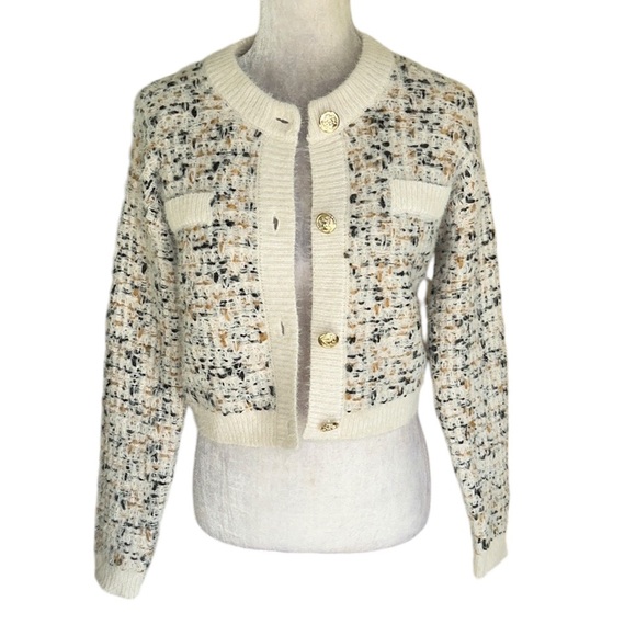 NEW Freshman 1996 Cream Tweed Fuzzy Knit Gold Crested Button Crop Cardigan - S - Picture 2 of 12